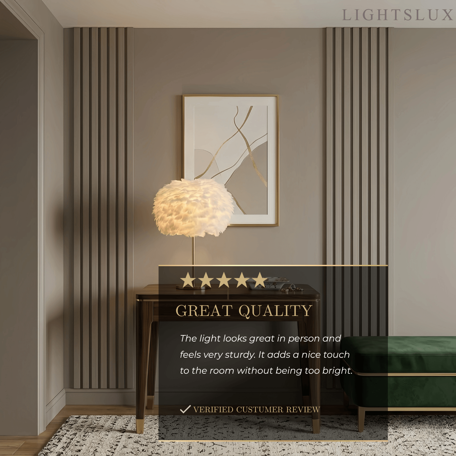 Elegantní stolní lampa ve tvaru peříčka s koulí -- zlatá s bílou/růžovou/šedou pro ložnici a obývací pokoj - Flindria