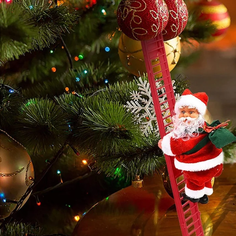 Animovaný elektrický Santa Claus šplhající po žebříku s vánoční hudbou