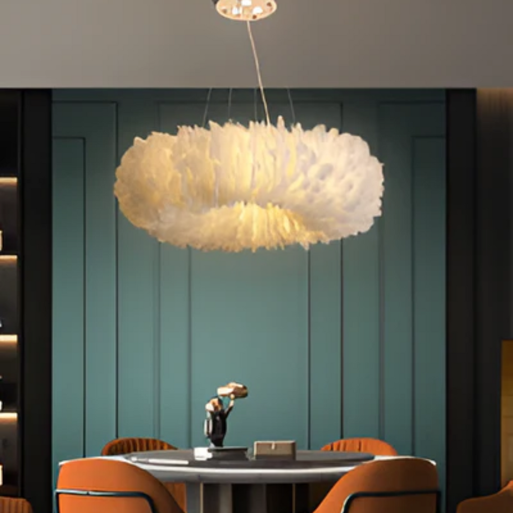 Aurelia White Circular Feathered Pendant Light With Diffused Glow