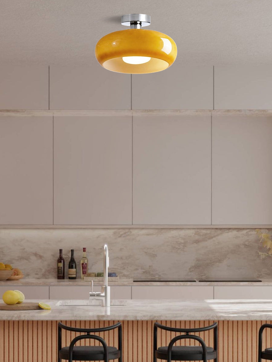Bauhaus Circular Ceiling Light — Glass Disk Shade, Brass or Chrome Finish, Orange-Yellow or White Glass