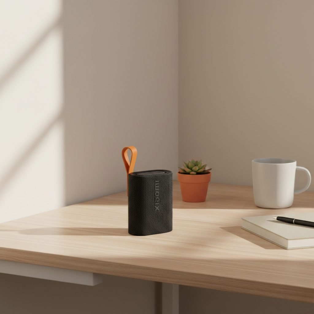 Altavoz Bluetooth Xiaomi Sound Pocket — Clasificación IP67, carcasa del tamaño de la palma de la mano, acabado negro mate y detalles naranjas