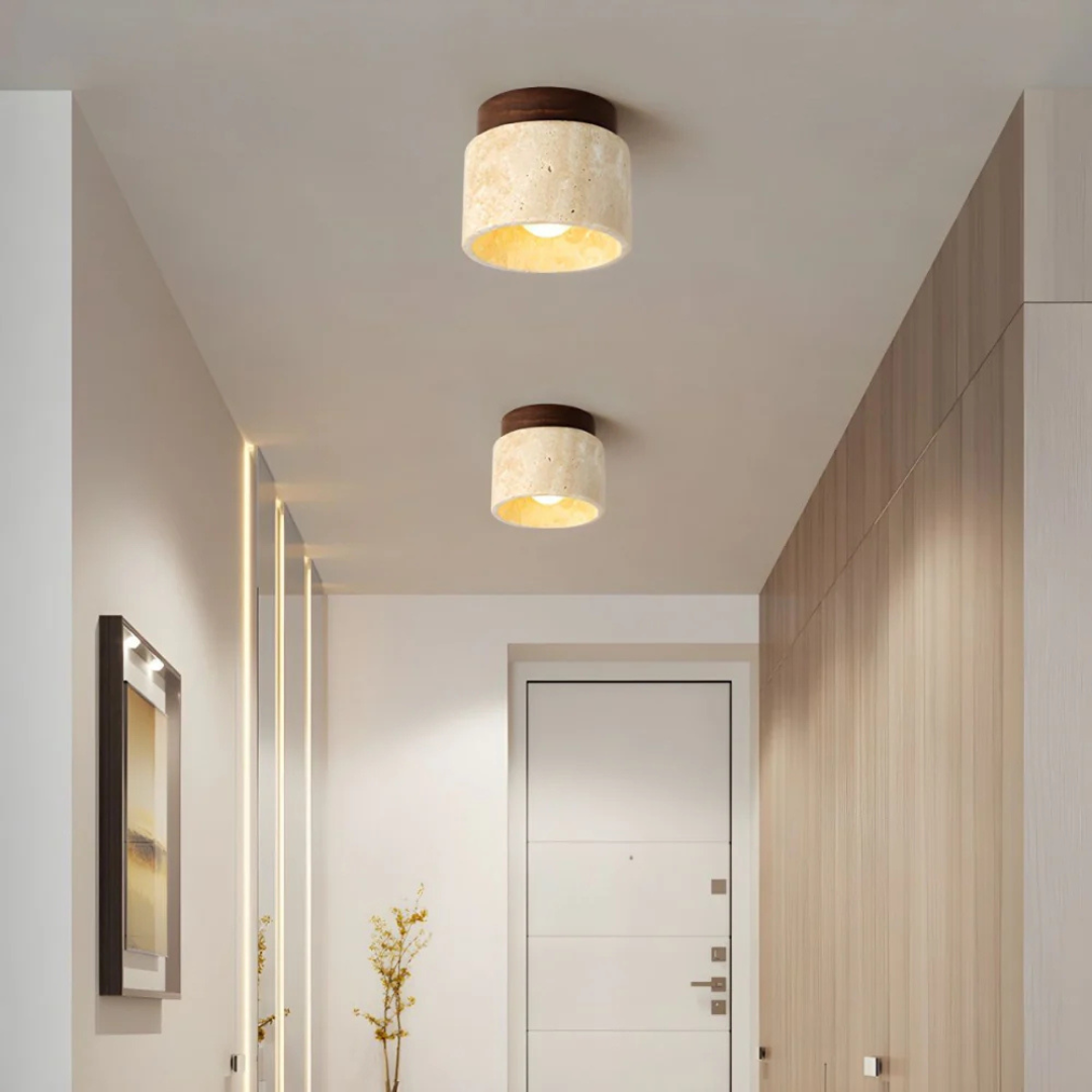 Lumera Wood Accent Travertine With Cylinder Ceiling Light In Living Rooms
