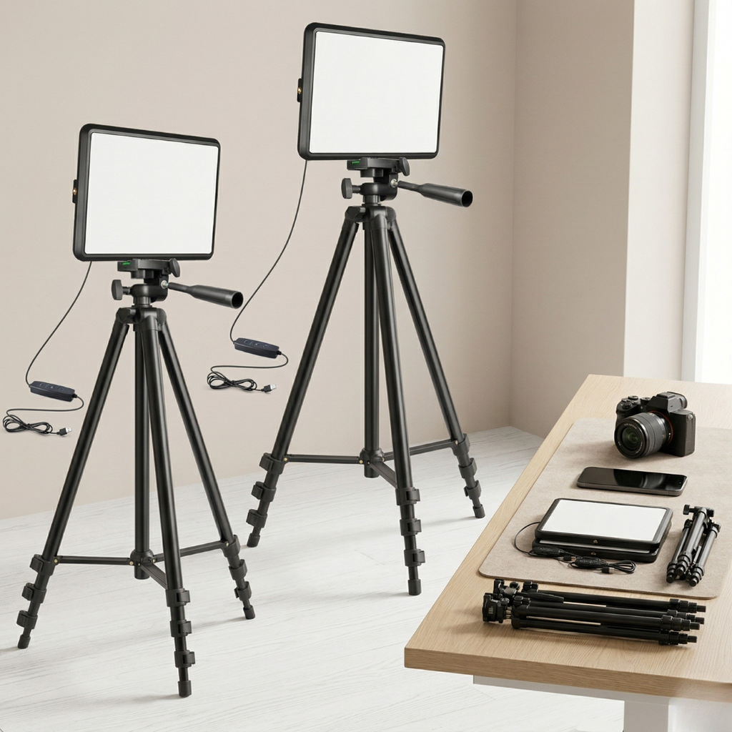 Sada LED videosvětel se dvěma hlavami — nastavitelná intenzita a barevný tón