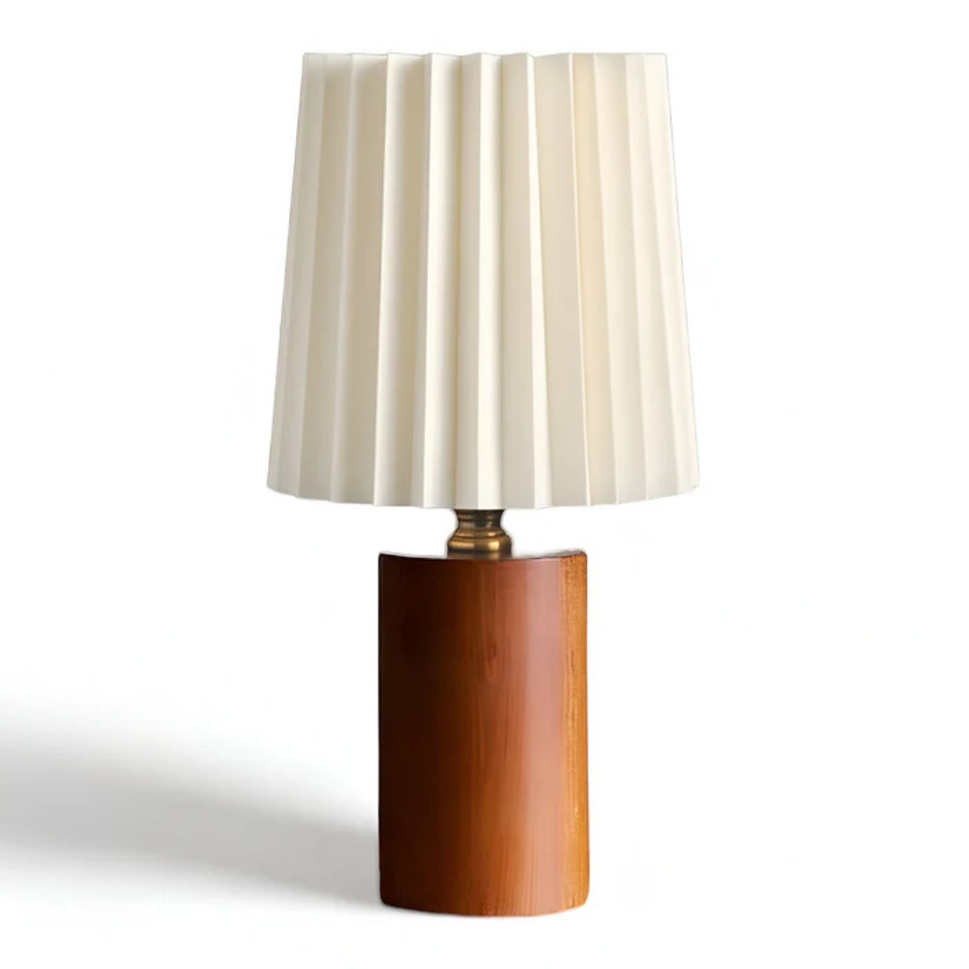 LumaRidge Table Lamp In Wood Finish With Pleated Shade And Warm LED Glow