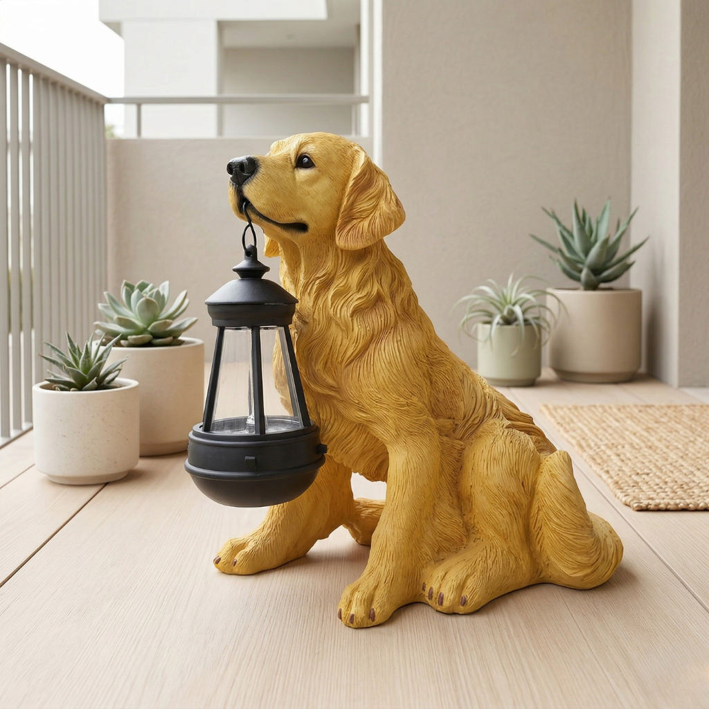 Decorazione da giardino a forma di cucciolo alimentata a energia solare — scultura da prato con illuminazione automatica