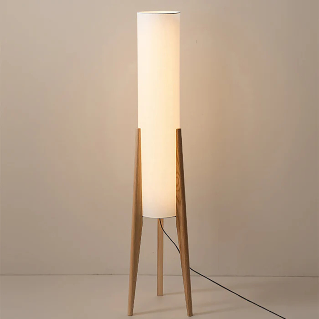 AuroraLume Fabric Shade Floor Lamp With Natural Wood For Living Room