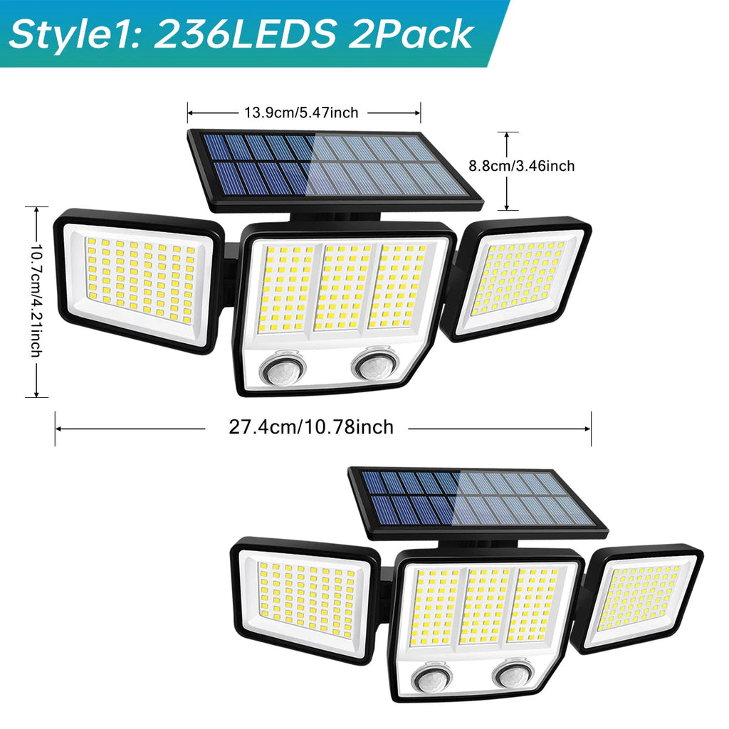 Lampă solară de exterior cu 3 capete și senzor de mișcare, unghi larg de 270°, impermeabilă