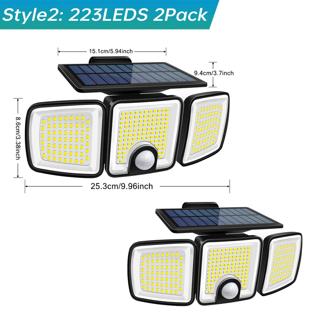 Lampă solară de exterior cu 3 capete și senzor de mișcare, unghi larg de 270°, impermeabilă