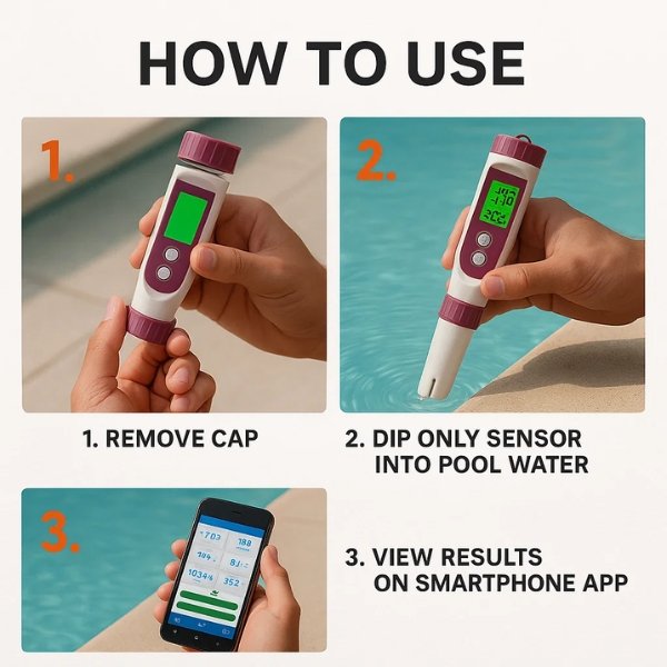 AquaSense digitale zwembadtester met 7 parameters — via app verbonden pH- en chloormonitor