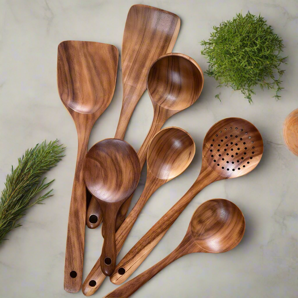 Küchenutensilien-Set aus Teakholz — Langlebige Kochwerkzeuge