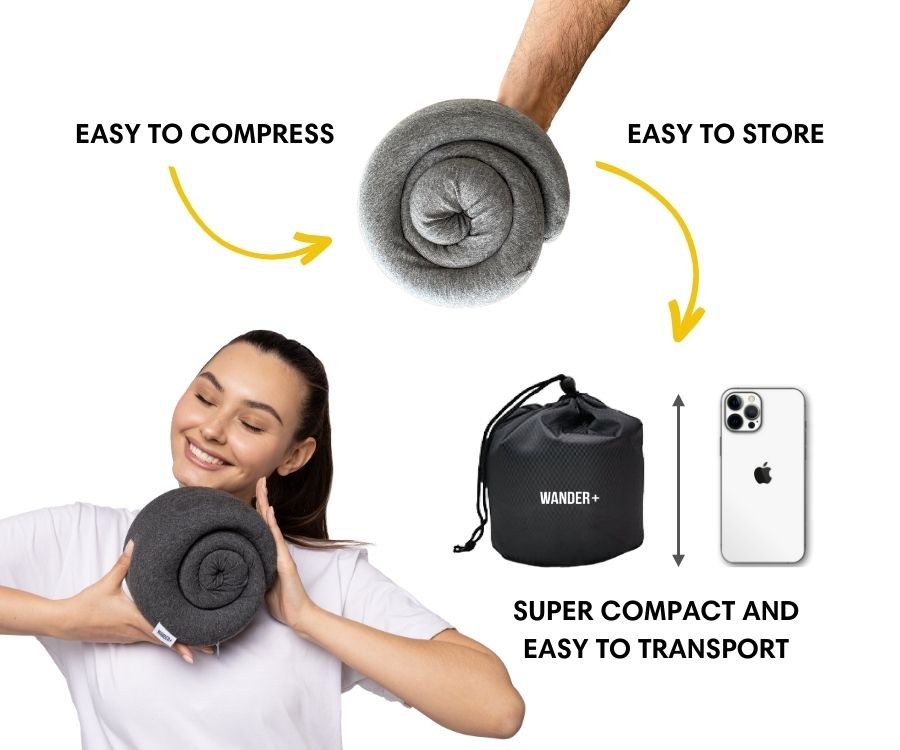 Almofada de viagem para o pescoço em espuma viscoelástica — Ajuste ergonómico e formato compacto para transportar