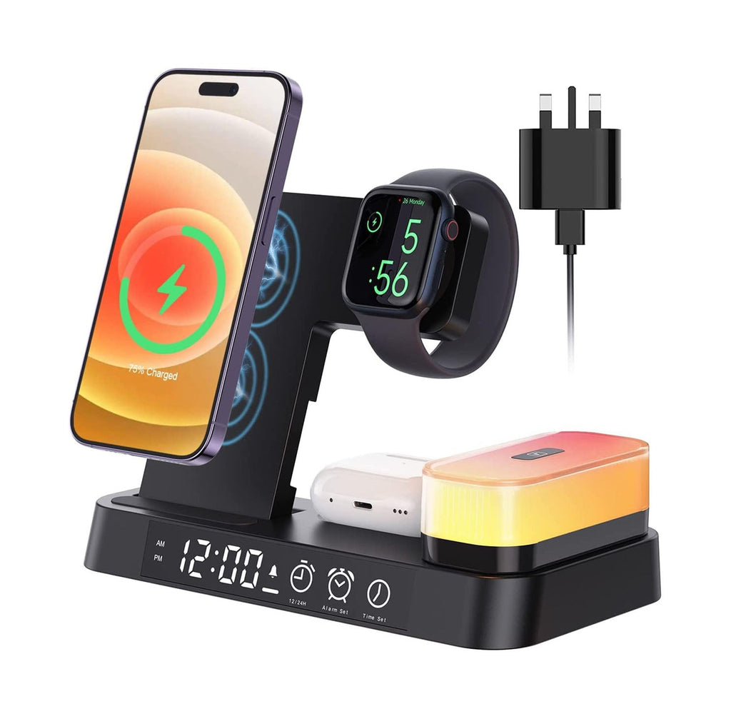 5-in-1 Charging Station with Wireless Charger, Lamp & Alarm
