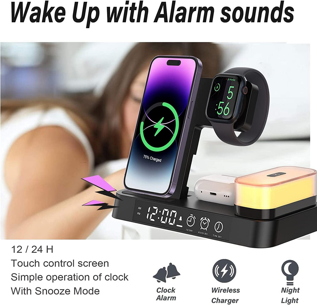5-in-1 Charging Station with Wireless Charger, Lamp & Alarm