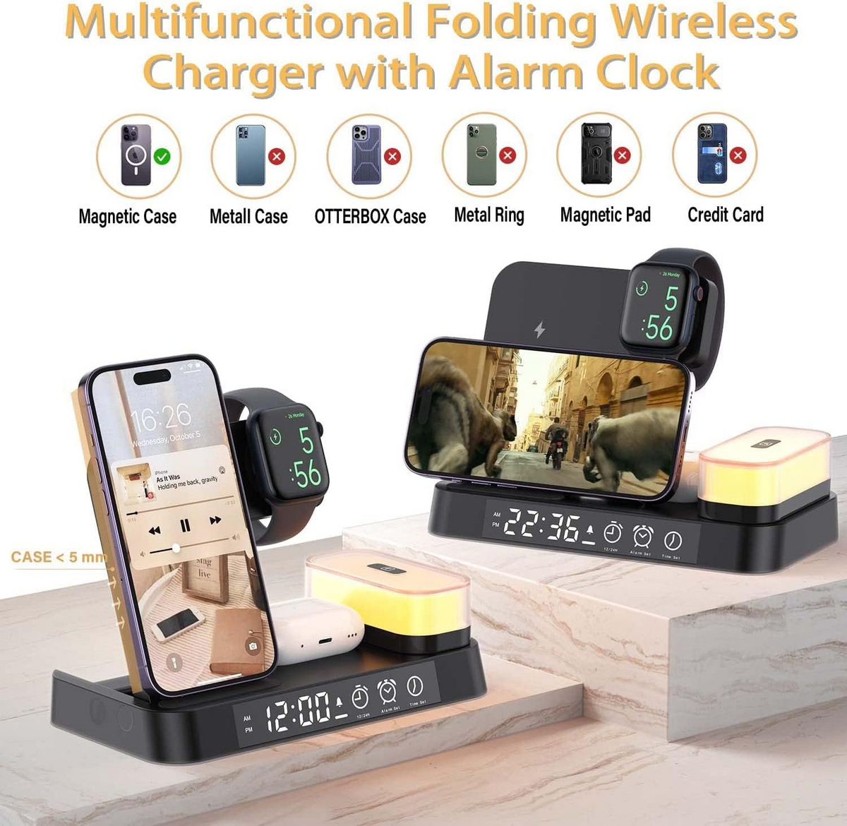5-in-1 Charging Station with Wireless Charger, Lamp & Alarm