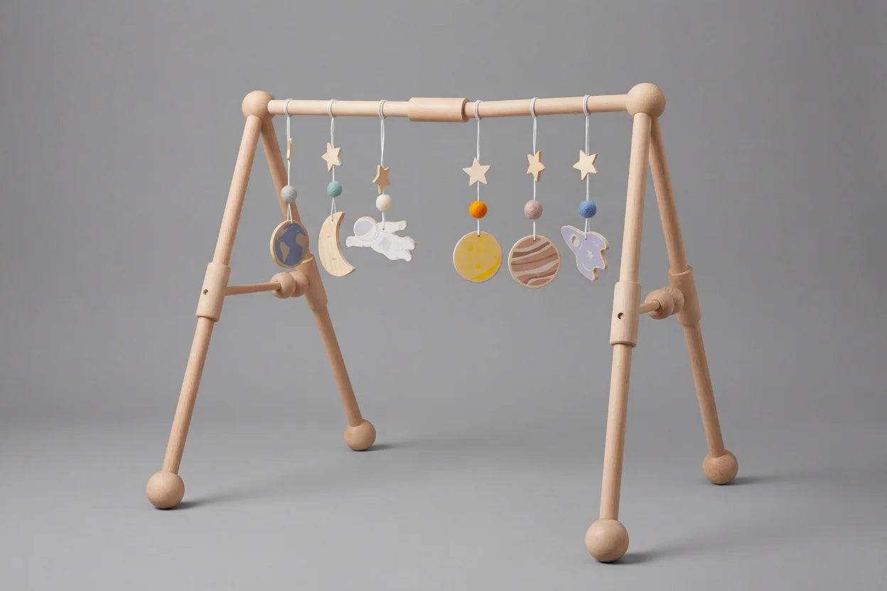 Sturdy Wooden Baby Play Arch — Wobble-Resistant Sensory Toy Gym, Hanging Toys