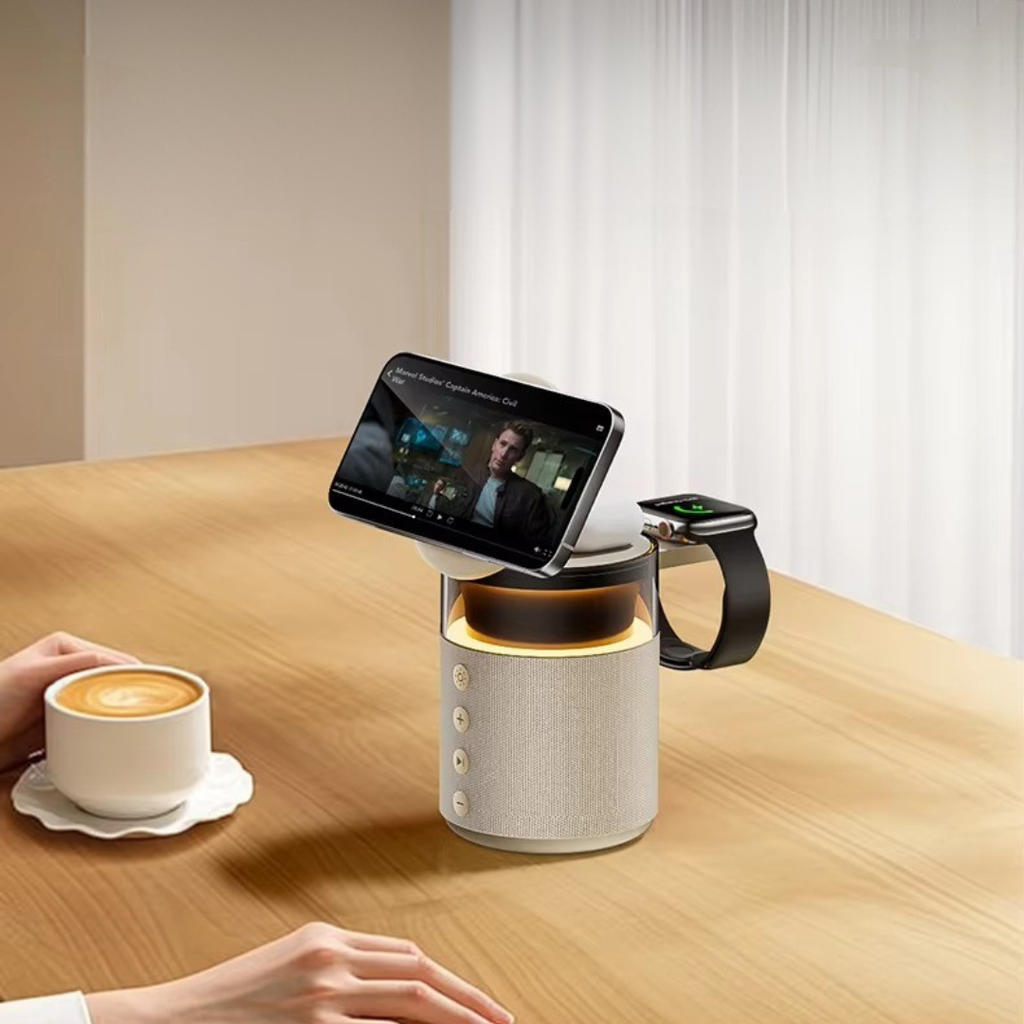 マグネット式ワイヤレス充電ステーション - iPhone、iWatch＆AirPodsハブ、スピーカーとLEDランプ一体型