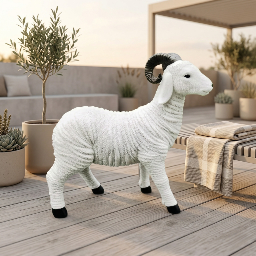Figura decorativa mini de cordero de 4 pulgadas — Base blanca, finas marcas negras
