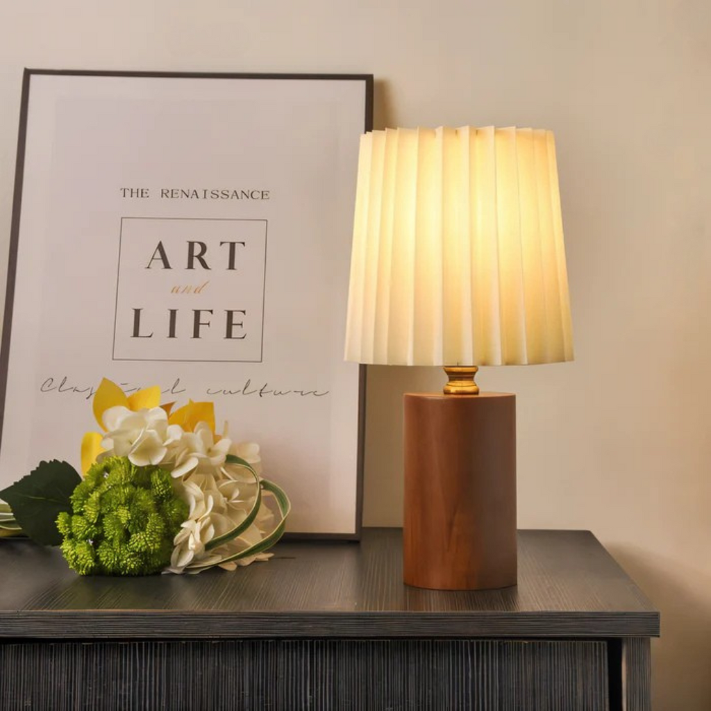 LumaRidge Table Lamp In Wood Finish With Pleated Shade And Warm LED Glow