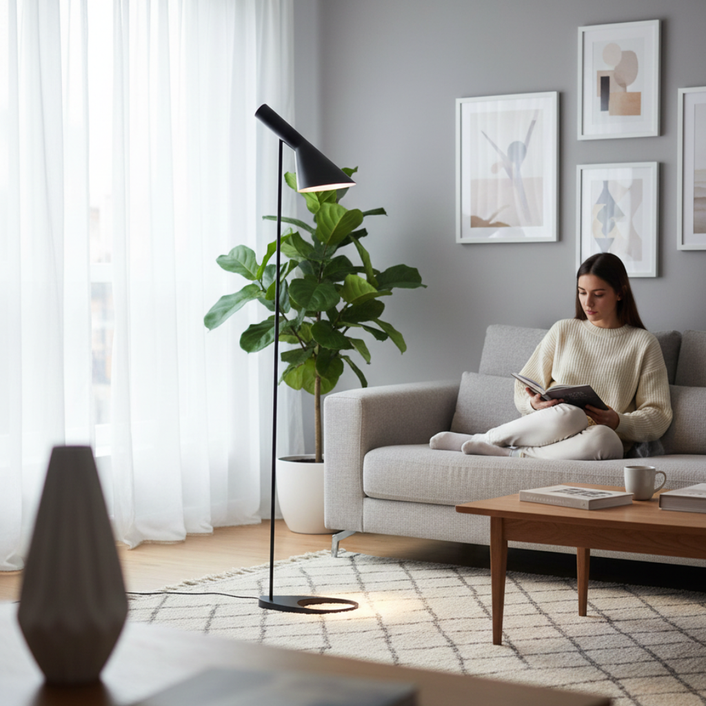 Minimalistická stojací LED lampa v severském stylu — čistý geometrický profil, rovnoměrné rozptýlené světlo