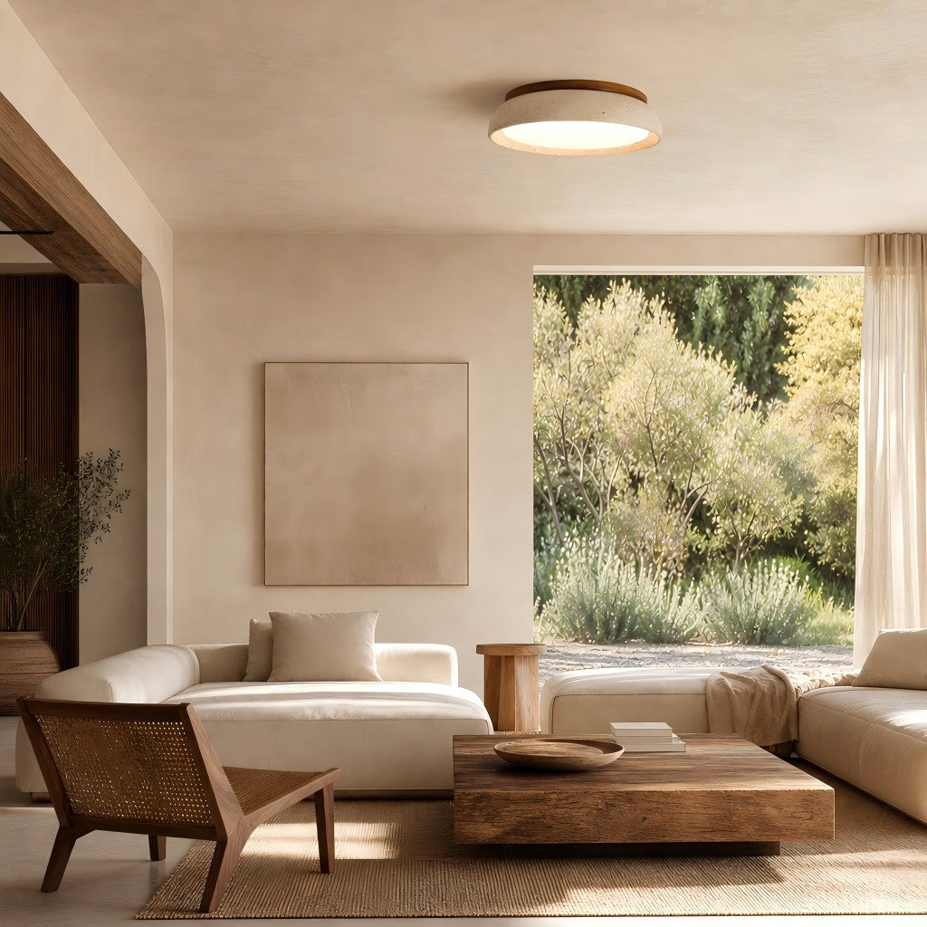 30cm × 43cm Beige Travertine Ceiling Lamp — Natural Stone Sculptural Pendant, Scandinavian Warm Glow