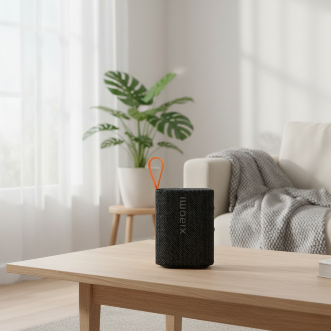 Altavoz Bluetooth Xiaomi Sound Pocket — Clasificación IP67, carcasa del tamaño de la palma de la mano, acabado negro mate y detalles naranjas