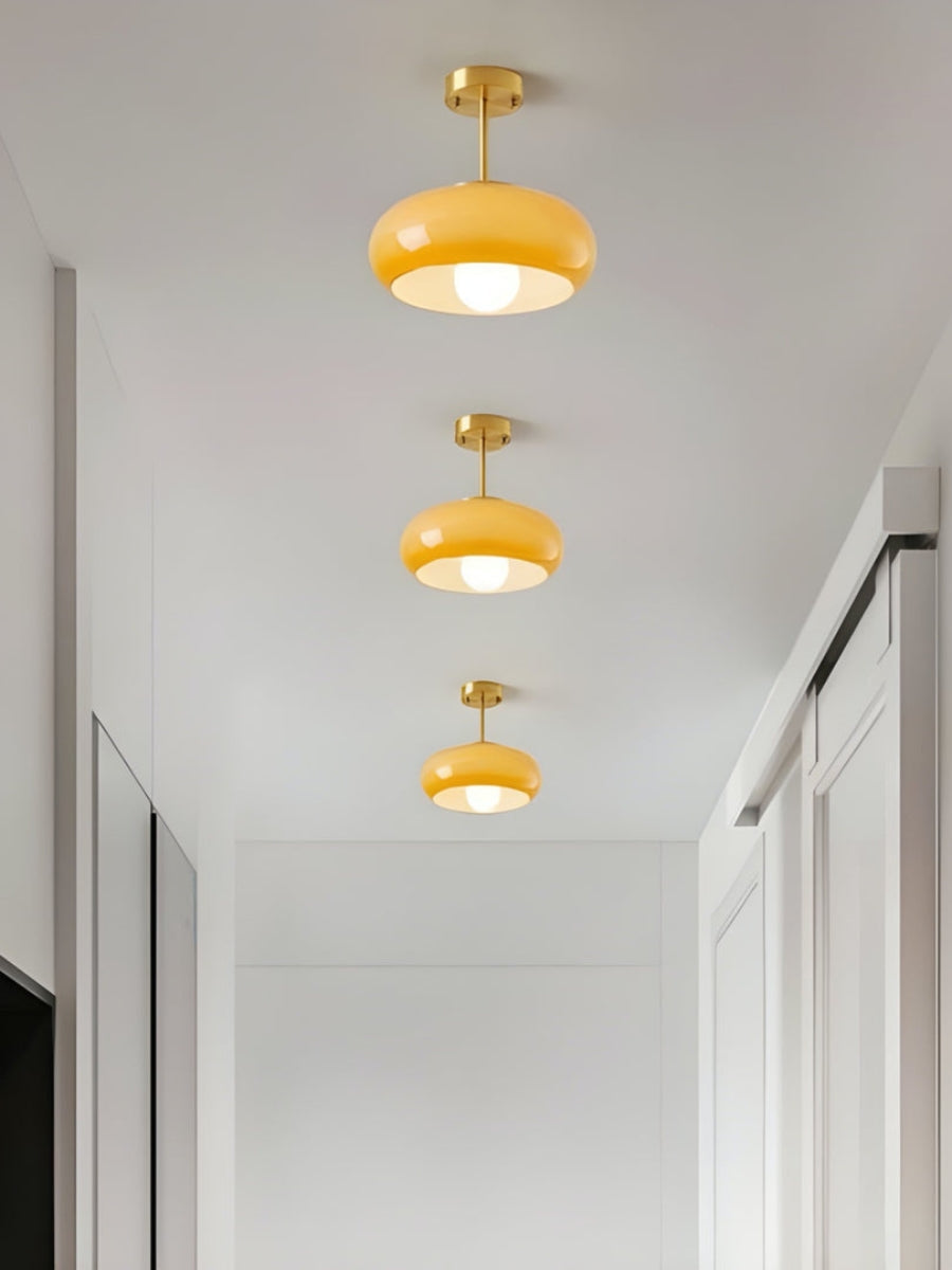 Bauhaus Circular Ceiling Light — Glass Disk Shade, Brass or Chrome Finish, Orange-Yellow or White Glass