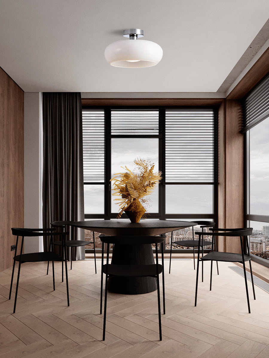 Bauhaus Circular Ceiling Light — Glass Disk Shade, Brass or Chrome Finish, Orange-Yellow or White Glass
