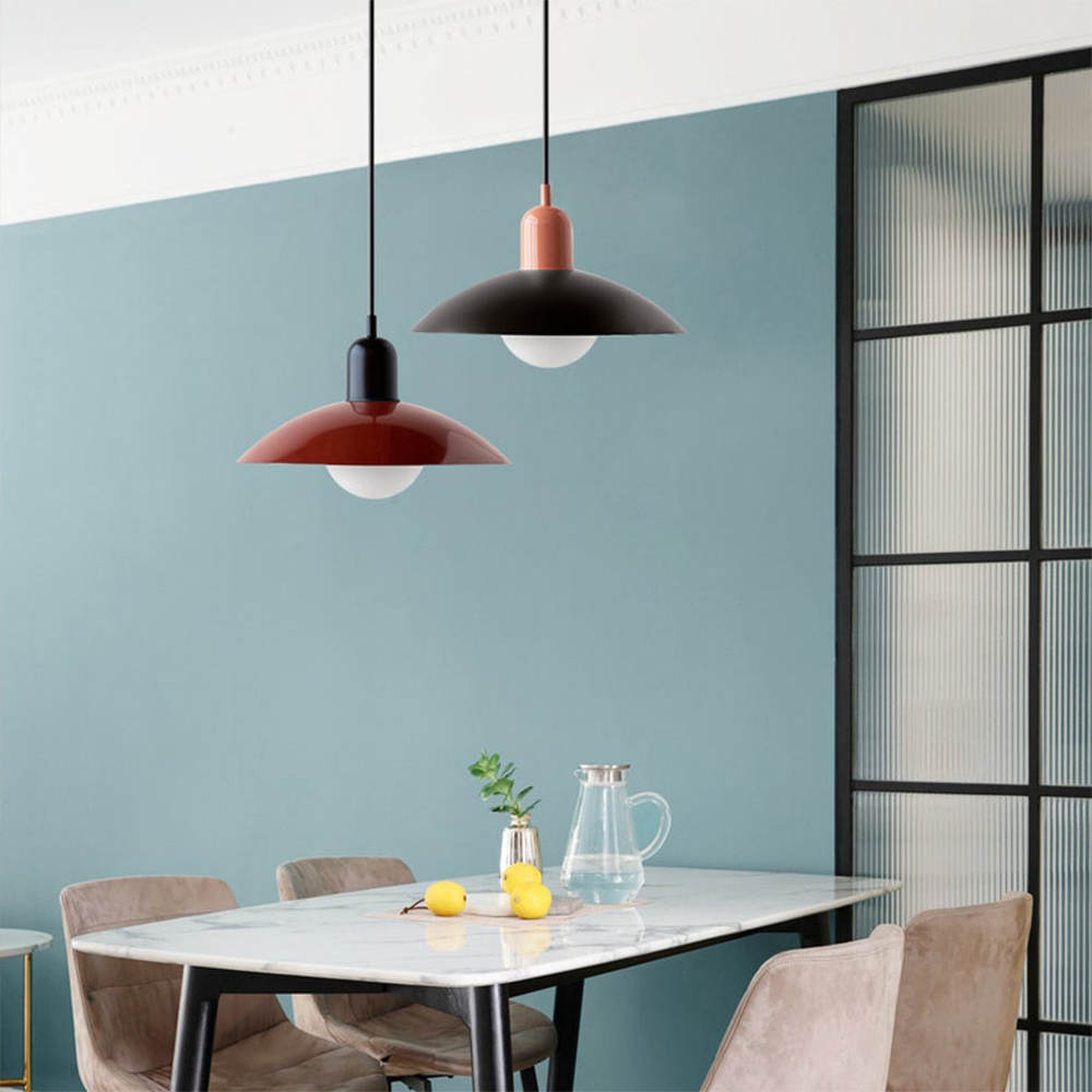 Macaron Bauhaus-Pendelleuchte — farbenfroher Schirm mit offenem Sockel