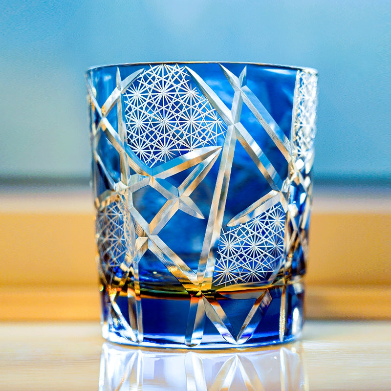 Copo para whisky Edo Kiriko com grua e relâmpago — feito à mão, caixa de madeira