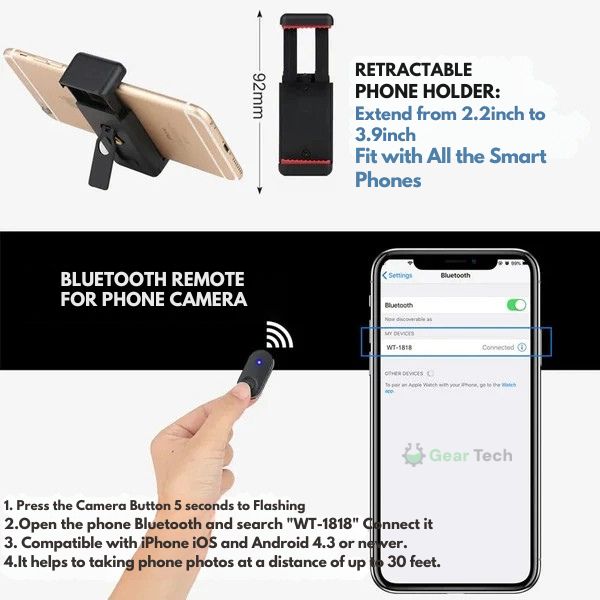 Kolme yhdessä -Bluetooth-teleskooppinen selfie-teline ja kolmijalka — yleismallinen puhelinpidike ja kaukosäädin