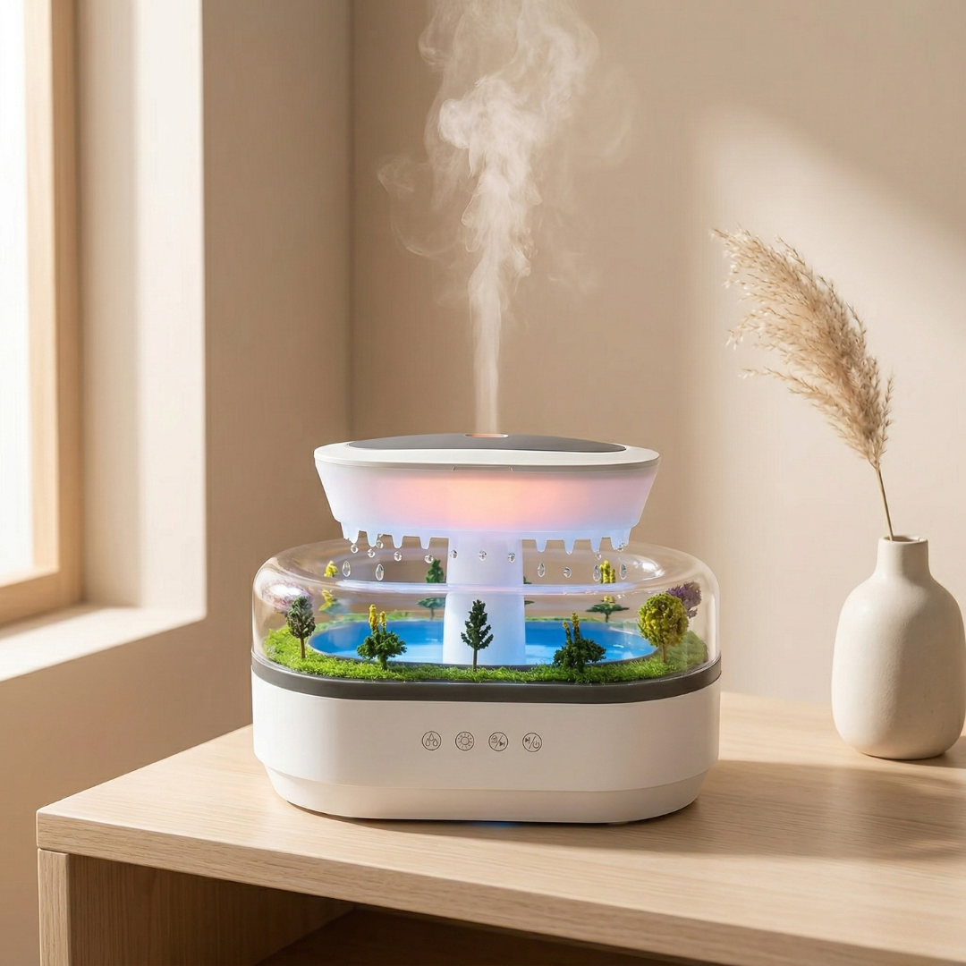 Aromaterápiás LED-diffúzor — négy az egyben párásító, erdei vízesést vetítő funkció, állítható világítás