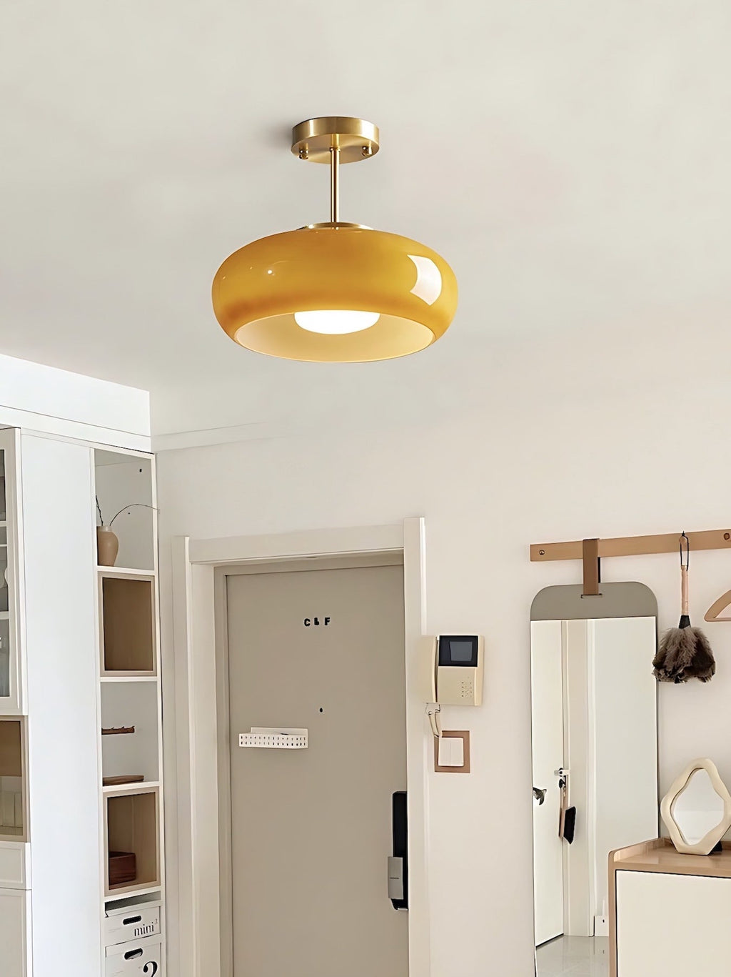 Bauhaus Circular Ceiling Light — Glass Disk Shade, Brass or Chrome Finish, Orange-Yellow or White Glass