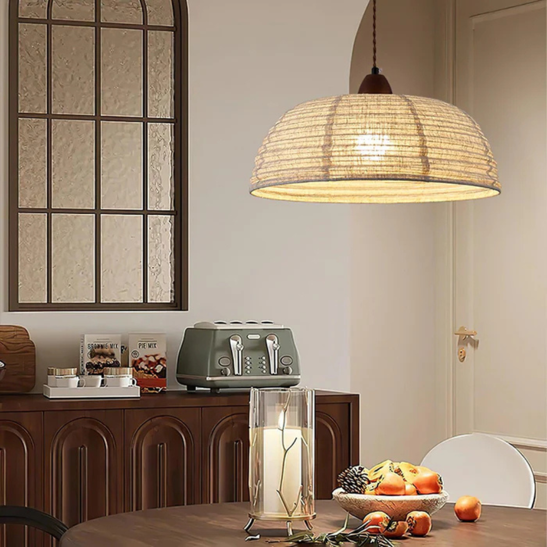 Valeon Pendelleuchte aus Holz mit Stoffschirm für Esszimmer