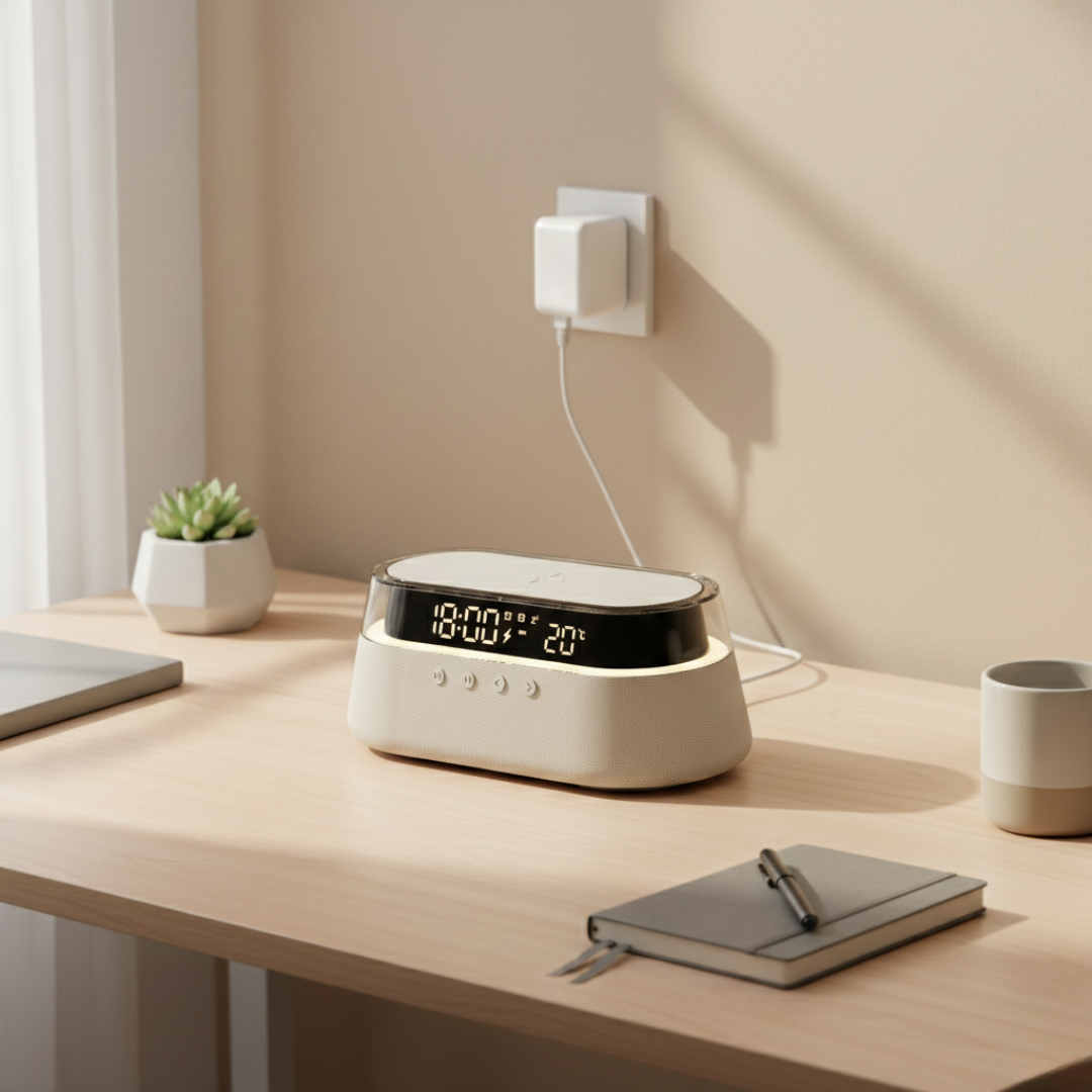 Smart Alarm Clock & Bluetooth Speaker — Multifunction Bedside Hub, Space-Saving Design