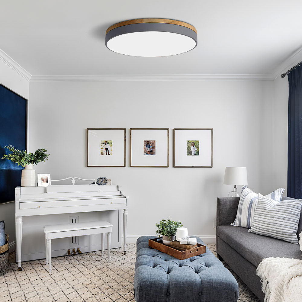 Scandinavian Wooden LED Ceiling Light — Round Dimmable Design, Warm Glow, Acrylic Trim