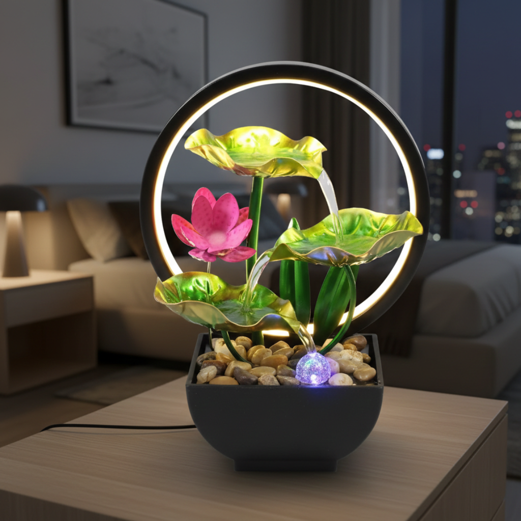 USB-Powered LED Tabletop Water Fountain — Quiet Flow, Warm Lighting, 29x13x12cm