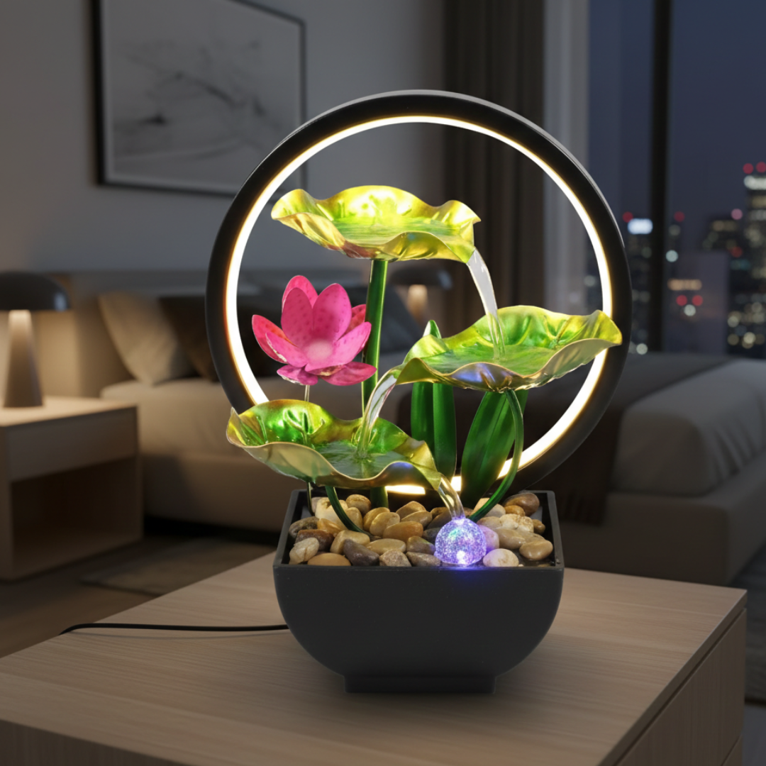 USB-Powered LED Tabletop Water Fountain — Quiet Flow, Warm Lighting, 29x13x12cm