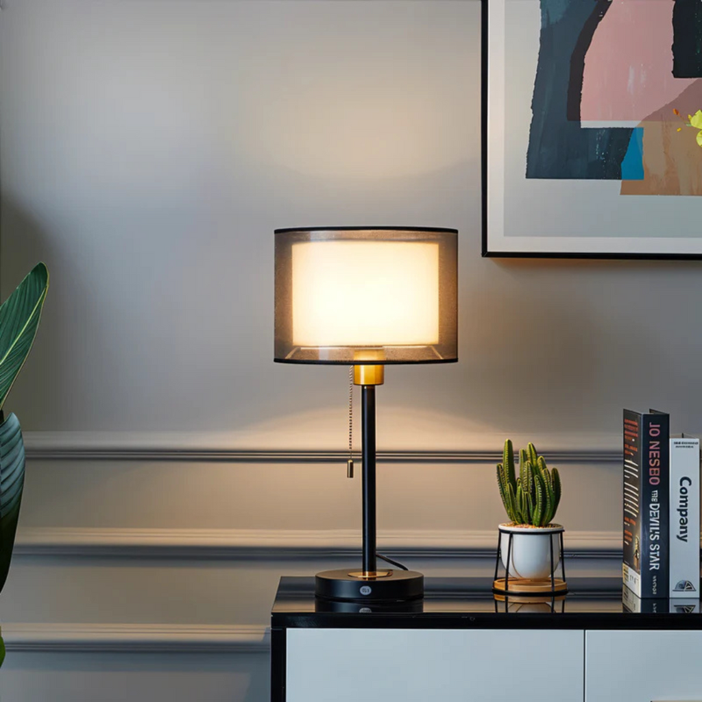 Calara Vintage-Stil Tischlampe mit doppelschichtigem Stoffschirm für Ambiente  