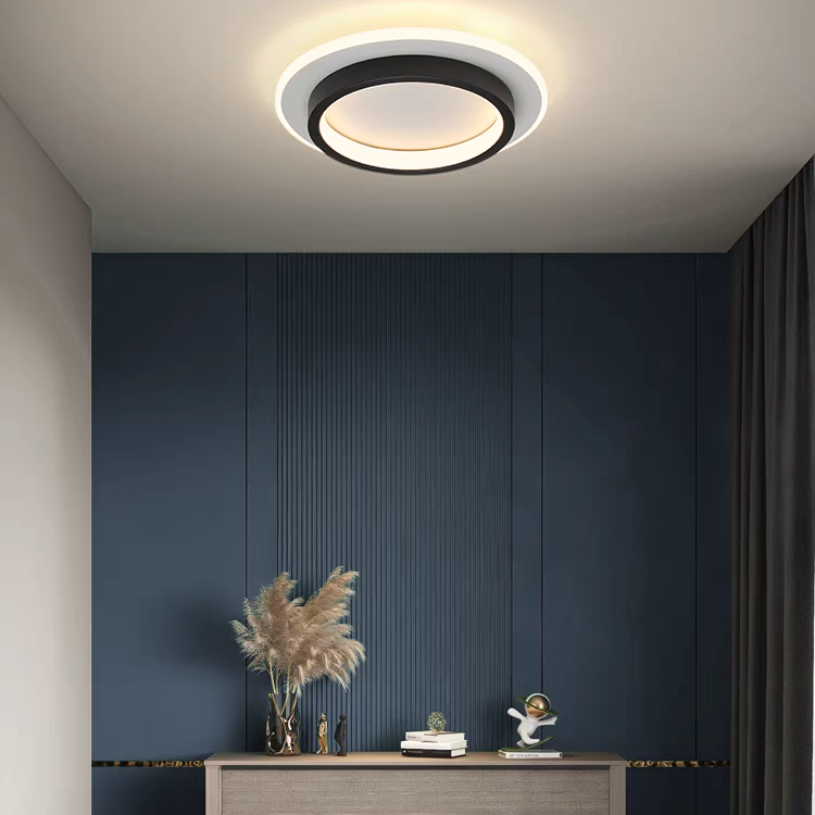 ラウンドLEDシーリングライト — 発光ハローリングアクセント、メタル＆アクリルハウジング、薄型フラッシュマウント