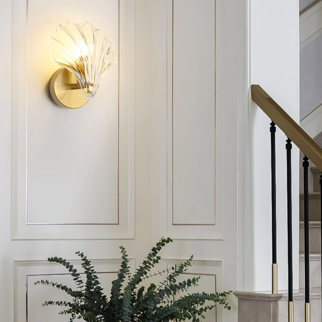 Sylvara Brass Finish Glass Shell Wall Light For Bedrooms And Living Rooms