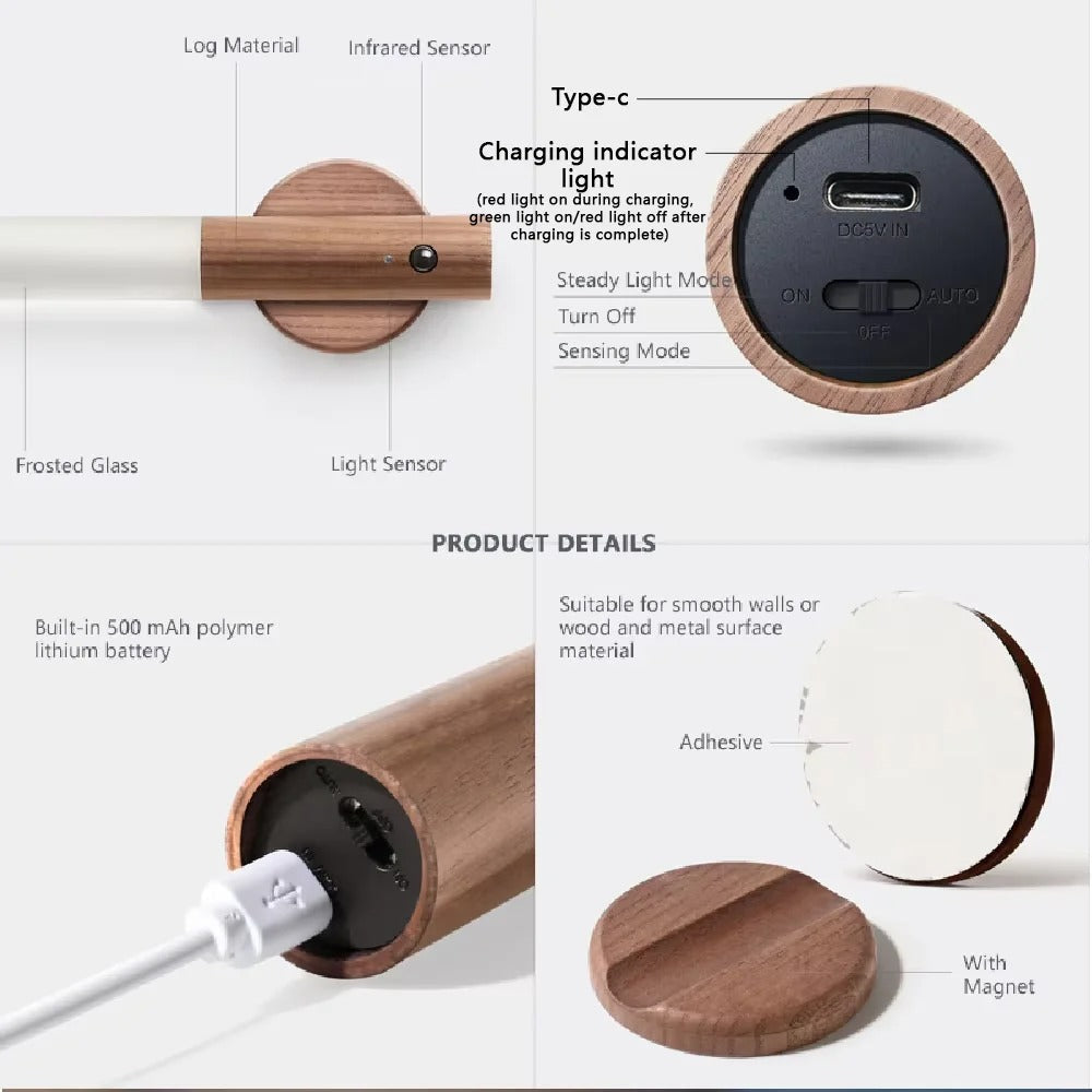 مصباح حائط LED قابل لإعادة الشحن عبر USB - إضاءة بمستشعر حركة مغناطيسي