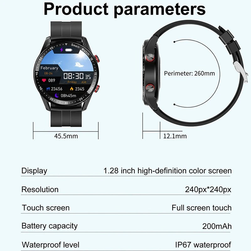 Smartwatch Bluetooth impermeable para hombre — monitor de ECG, PPG, frecuencia cardíaca y oxígeno en sangre