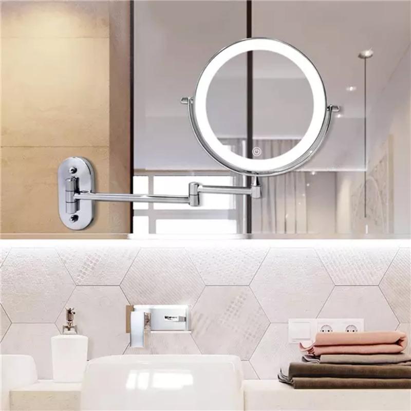 Miroir grossissant LED AstraLume pour coiffeuse — finition chromée polie, bras mural escamotable
