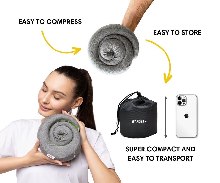 Almofada de viagem para o pescoço em espuma viscoelástica — Ajuste ergonómico e formato compacto para transportar