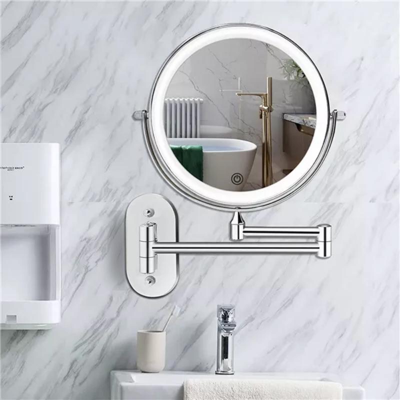 Miroir grossissant LED AstraLume pour coiffeuse — finition chromée polie, bras mural escamotable