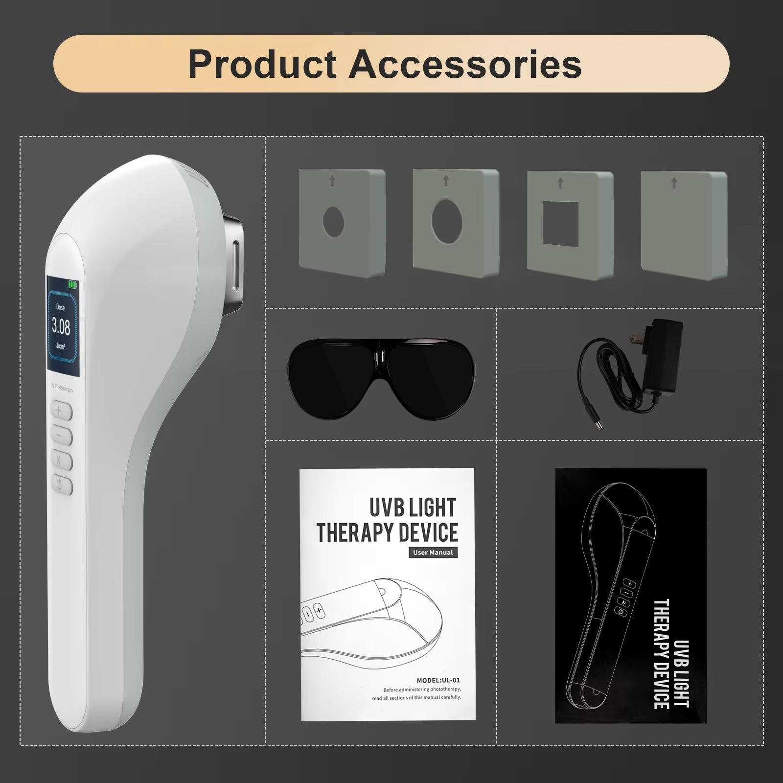 Luz de terapia UVB de 308 nm: tres pantallas de lámpara independientes, inalámbrica y portátil