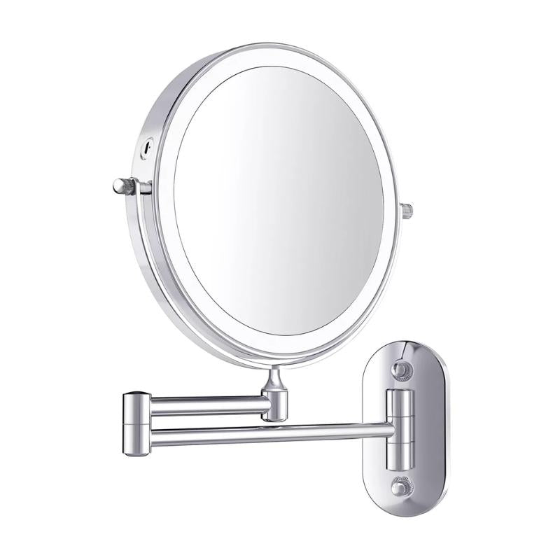 Miroir grossissant LED AstraLume pour coiffeuse — finition chromée polie, bras mural escamotable