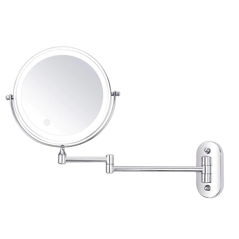 Miroir grossissant LED AstraLume pour coiffeuse — finition chromée polie, bras mural escamotable