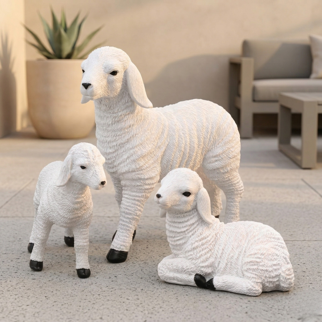 Figura decorativa mini de cordero de 4 pulgadas — Base blanca, finas marcas negras