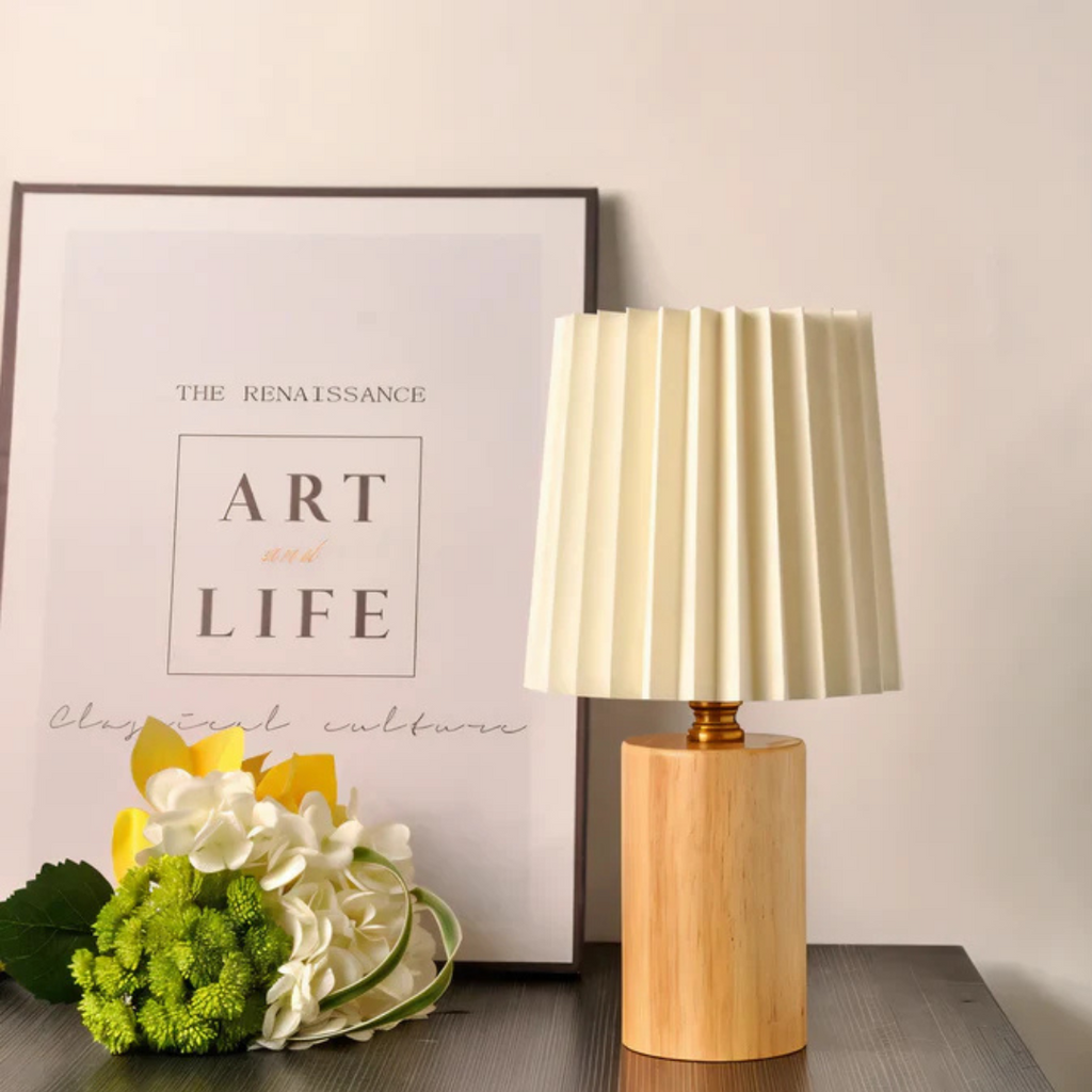 LumaRidge Table Lamp In Wood Finish With Pleated Shade And Warm LED Glow